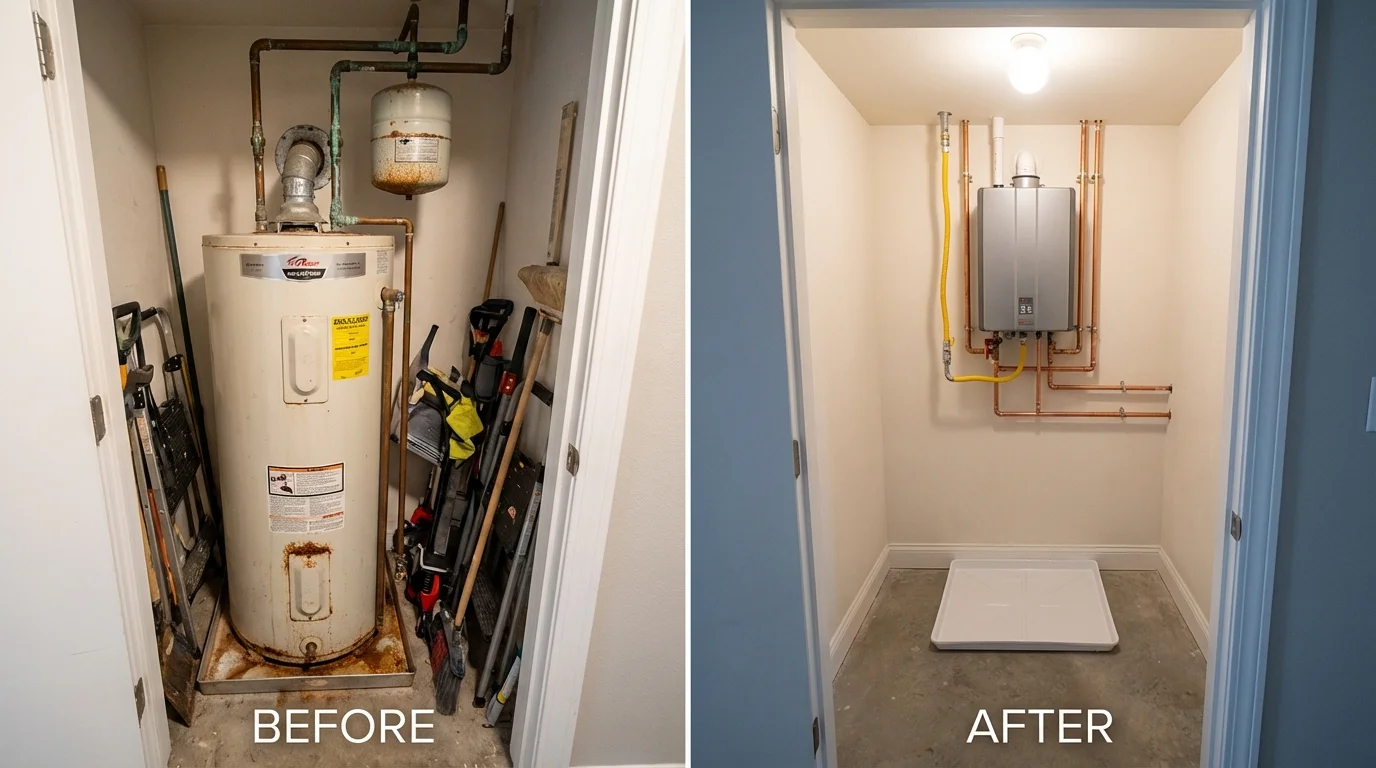 Tank water heater versus wall-mounted tankless unit comparison for Onancock, VA homeowners