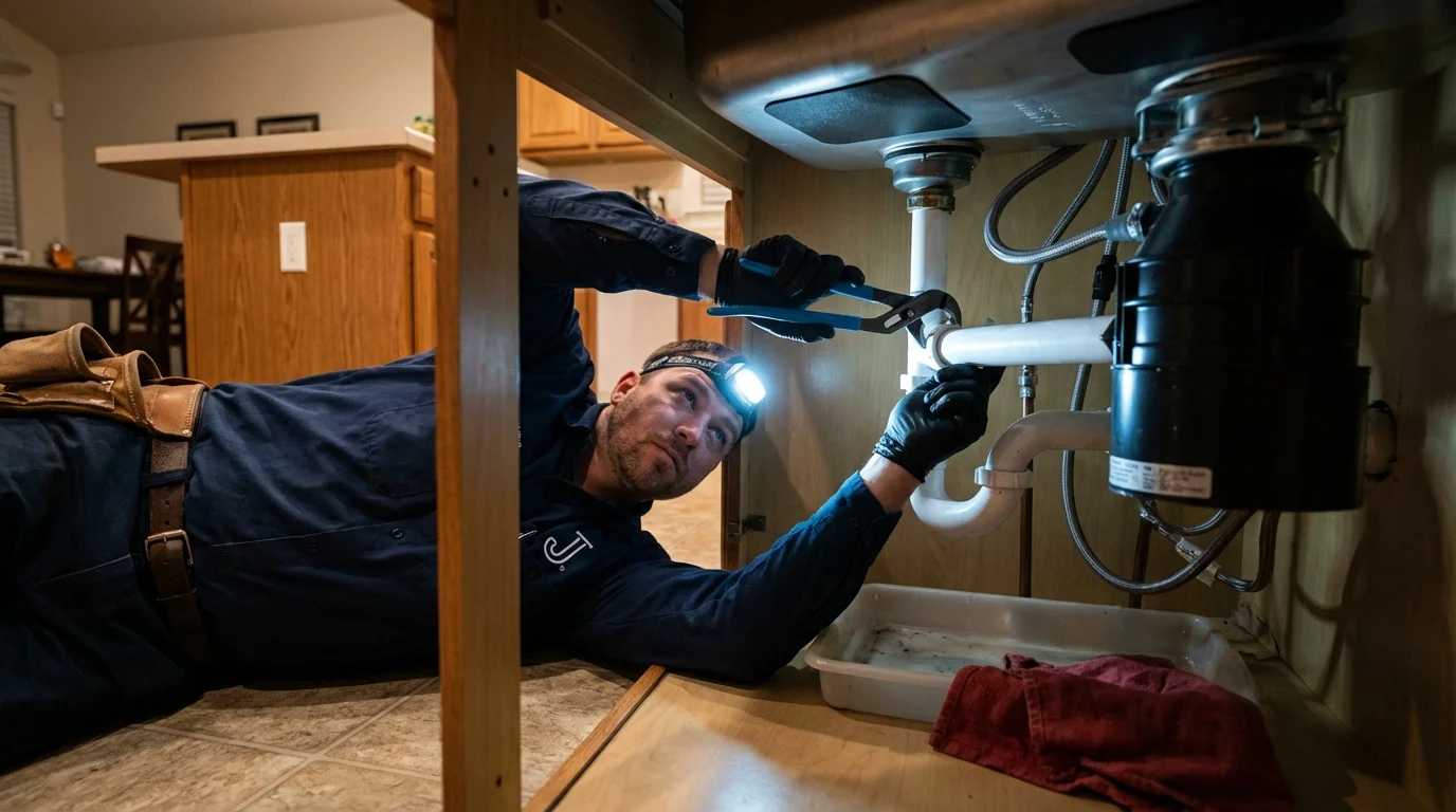 P-trap and supply line connections under a kitchen sink showing a common leak point in Onancock, VA